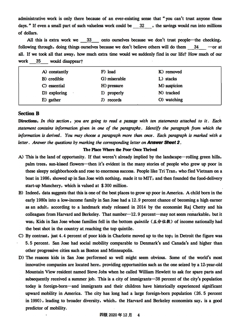 2020年12月英语四级真题试卷电子版（卷一）