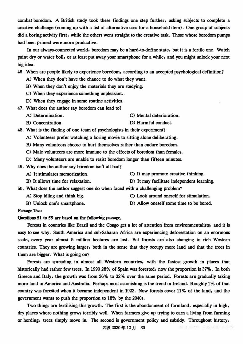 2020年12月英语四级真题试卷电子版（卷二）