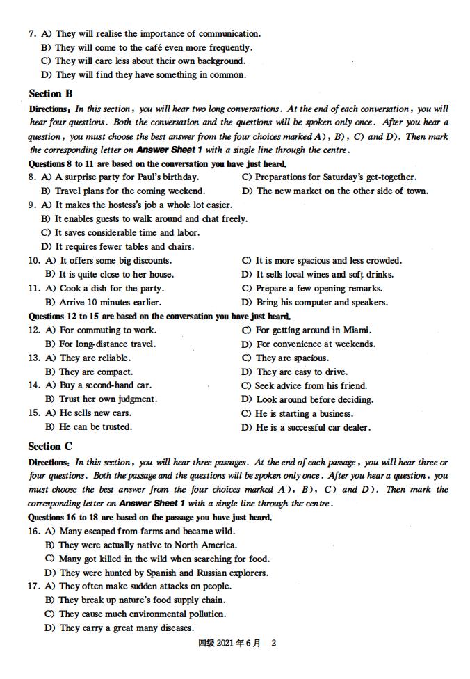 2021年6月英语四级真题试卷电子版（卷一）