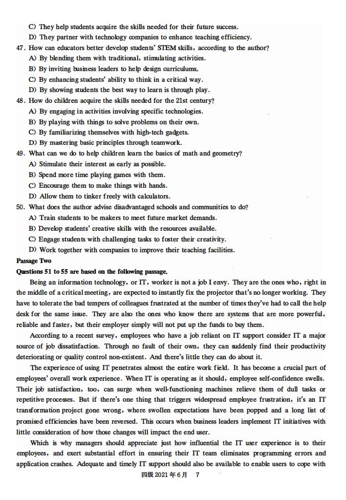 2021年6月英语四级真题试卷电子版（卷一）