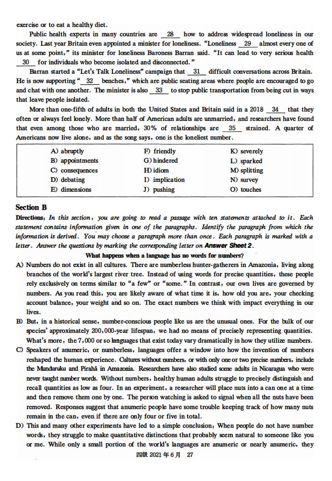 2021年6月英语四级真题试卷电子版（卷二）