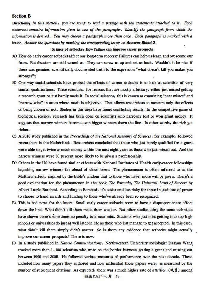 2021年6月英语四级真题试卷电子版（卷三）