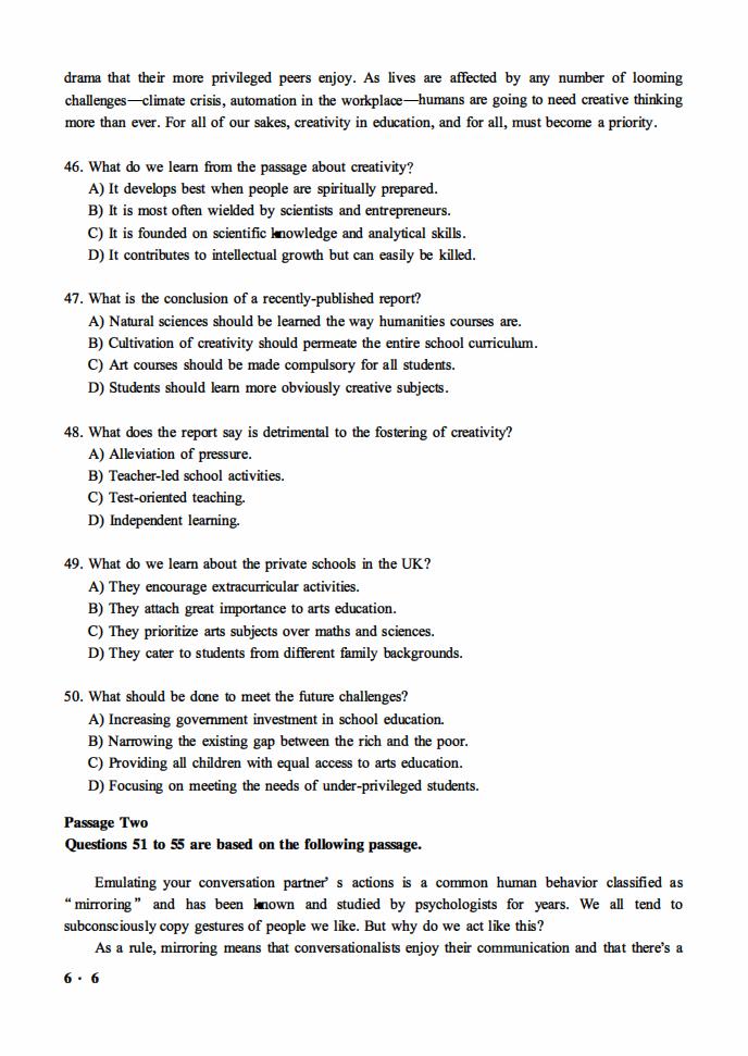 2021年6月英语六级真题试卷电子版（卷三）