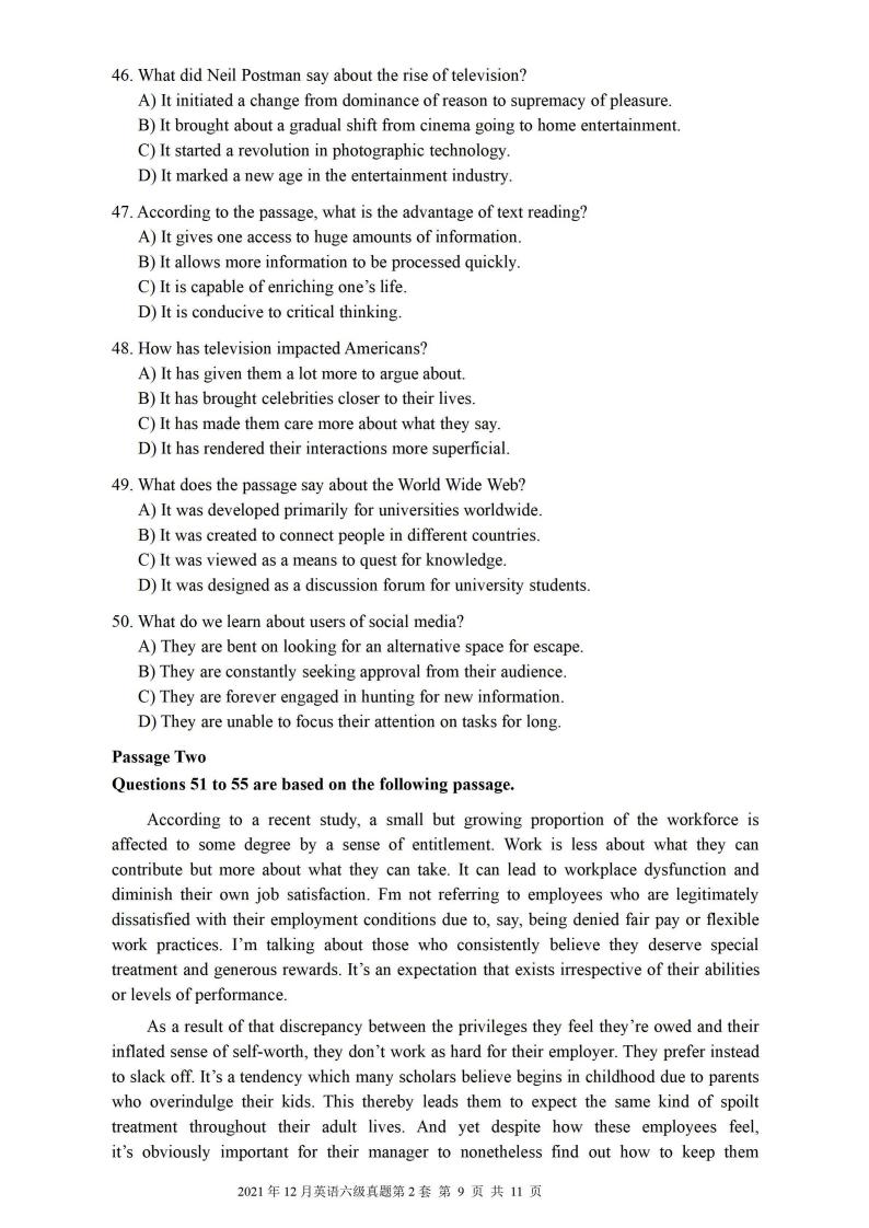 2021年12月英语六级真题试卷电子版（卷二）
