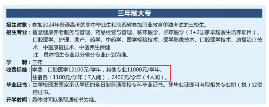 西安医学高等专科学校学费多少钱一年-各专业收费标准