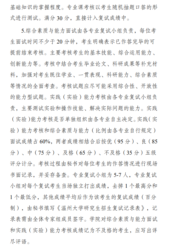 2025年温州大学研究生复试内容