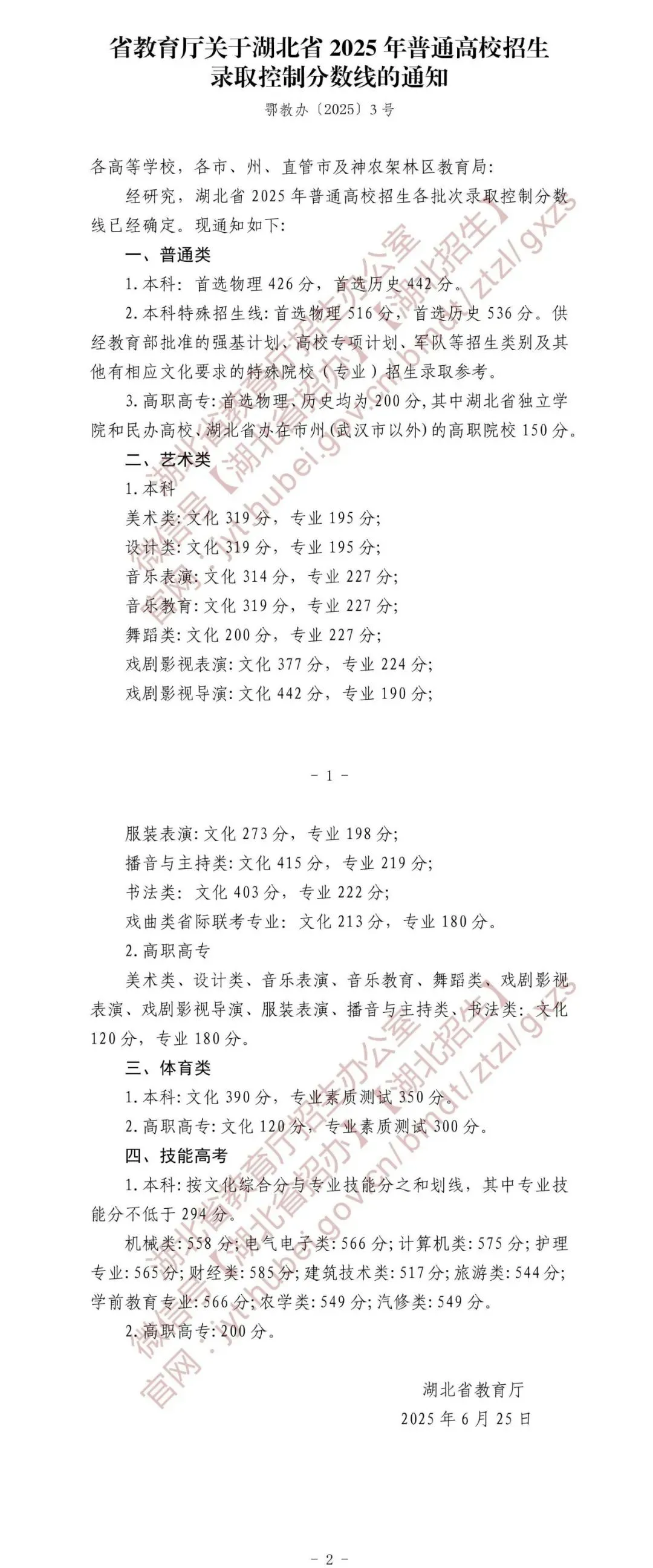 2025湖北高考分数线一览表（本科、专科、特殊类型）